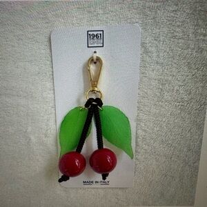 1961 Made in Italy Cherry Keychain Bag Charm with Green Leaves